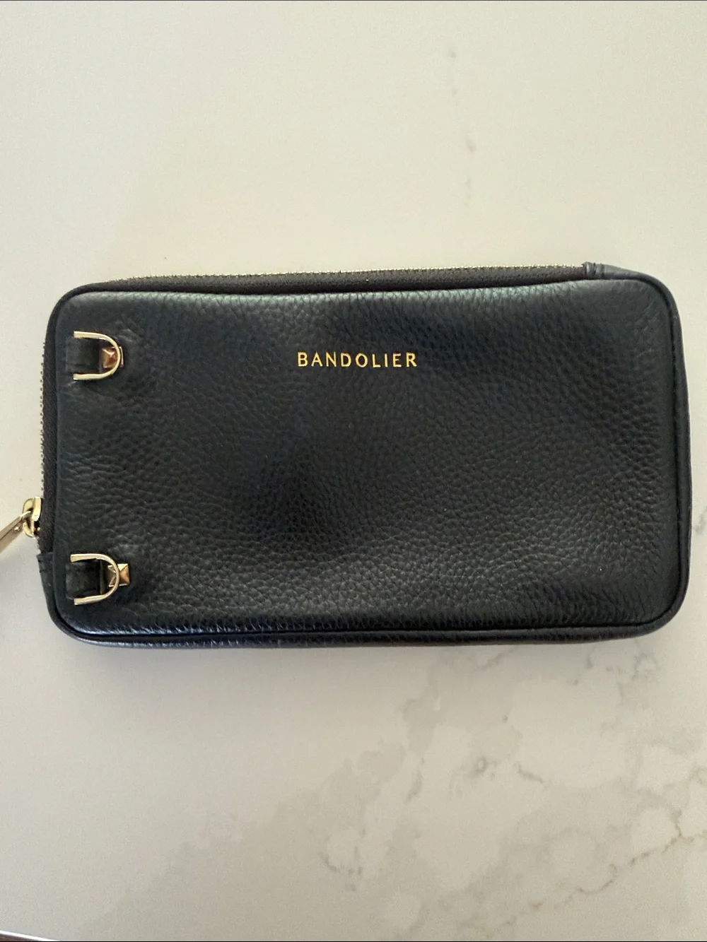Bandolier Black Leather IPhone 14 Plus case and matching zippered pouch